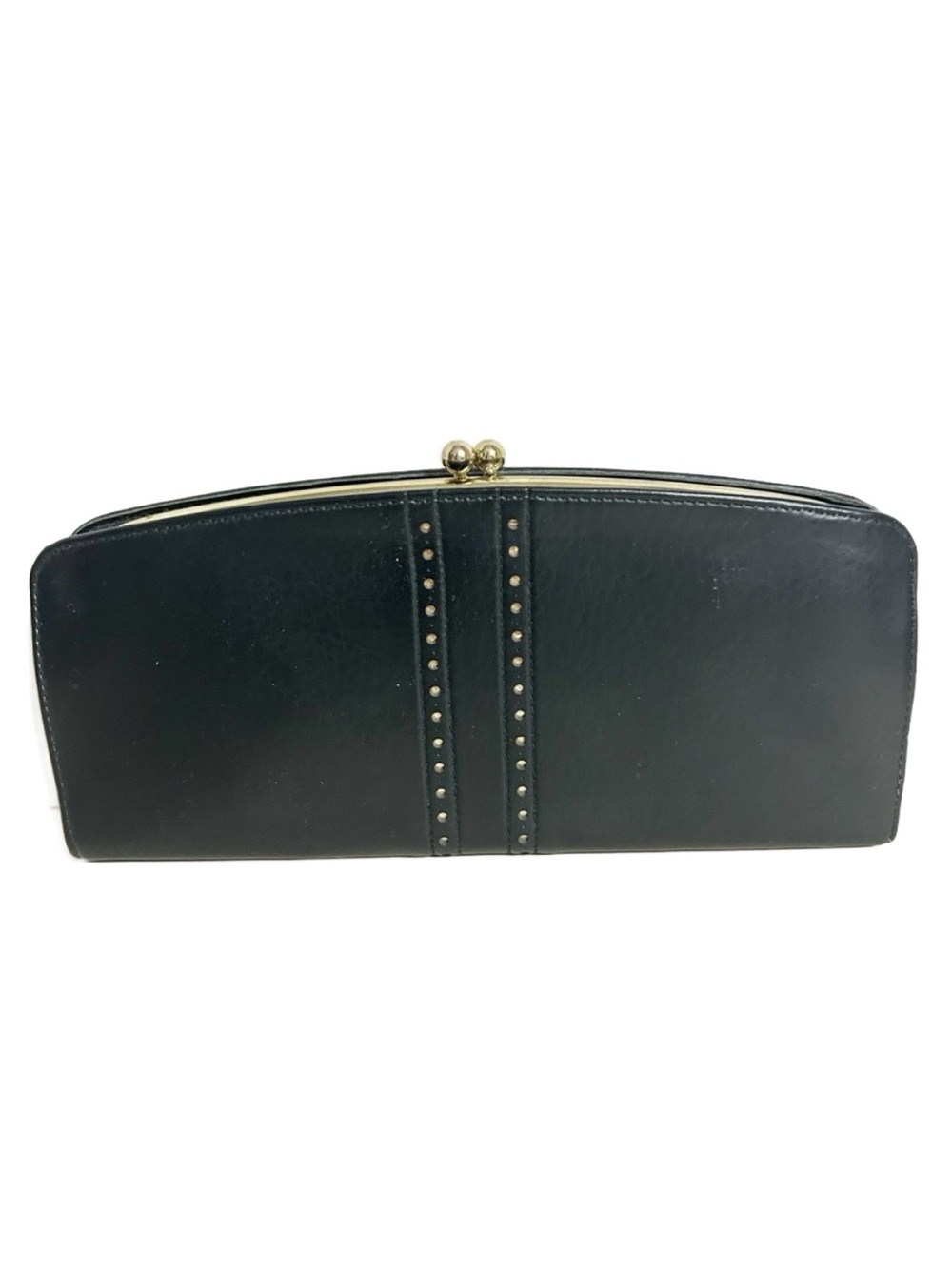 Vintage Black Leather Kiss-Lock Clutch Wallet Gold-Tone Studded Detail